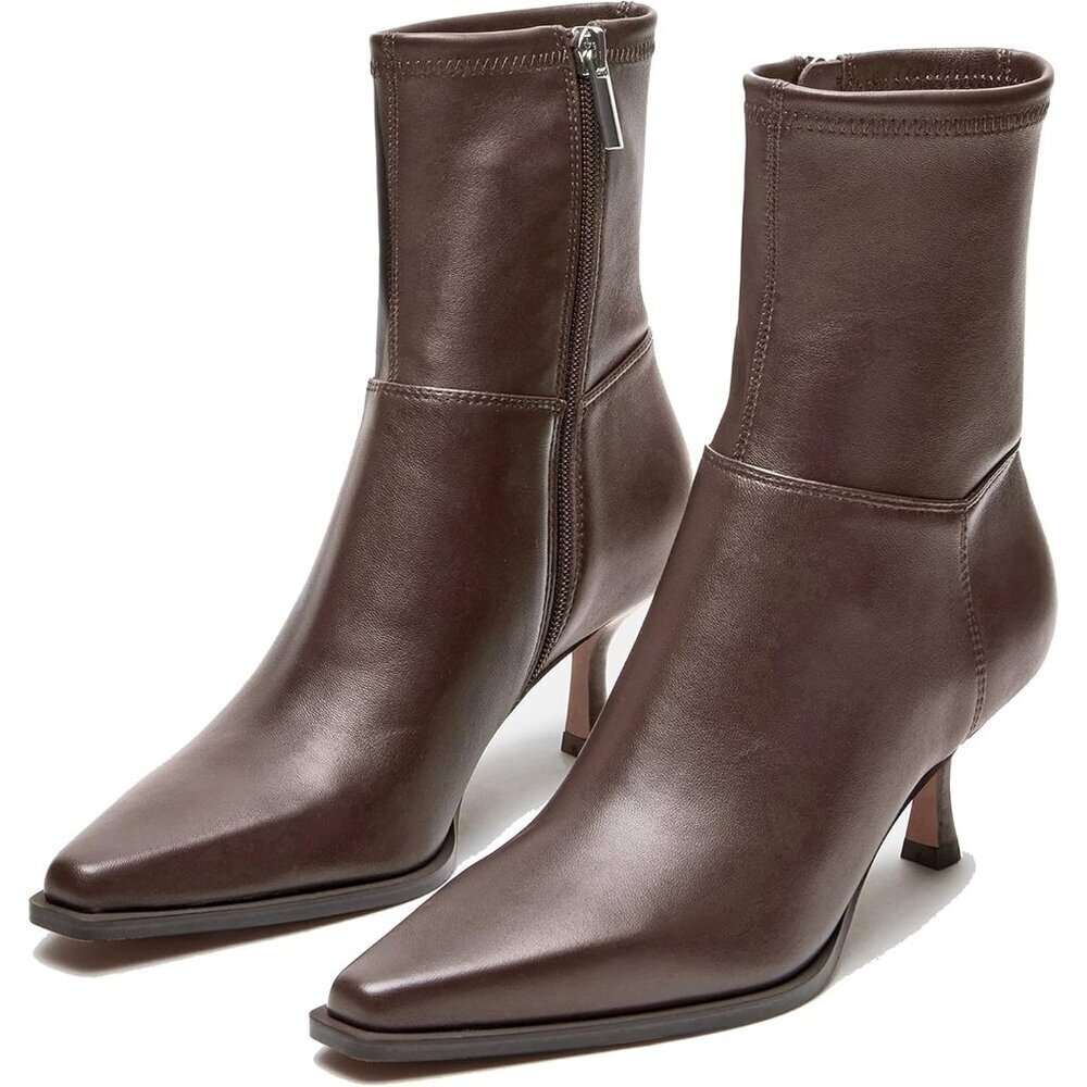 Womens Chocolate Brown Fall Side Zip Ankle Mid Calf Pointed Toe Kitten Heel Boot